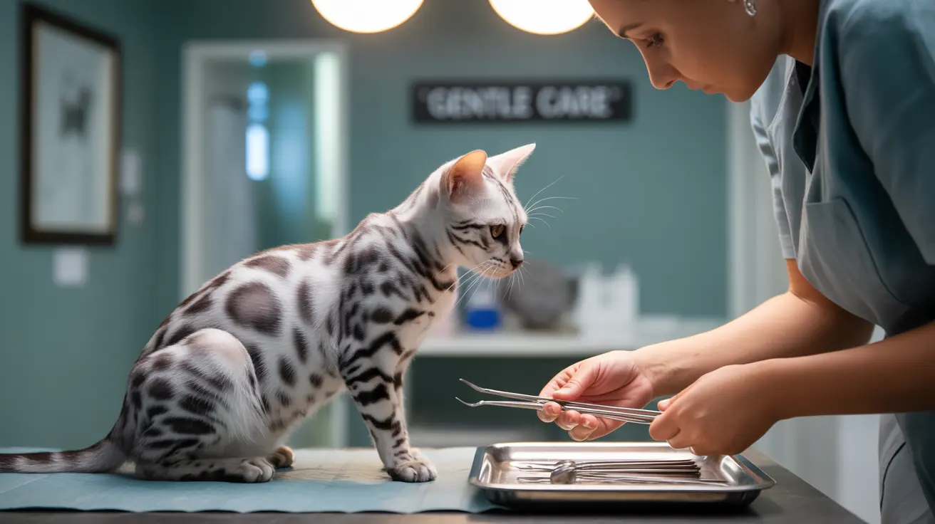A Bengal cat sitting on an examination table in a veterinary clinic during a medical procedure