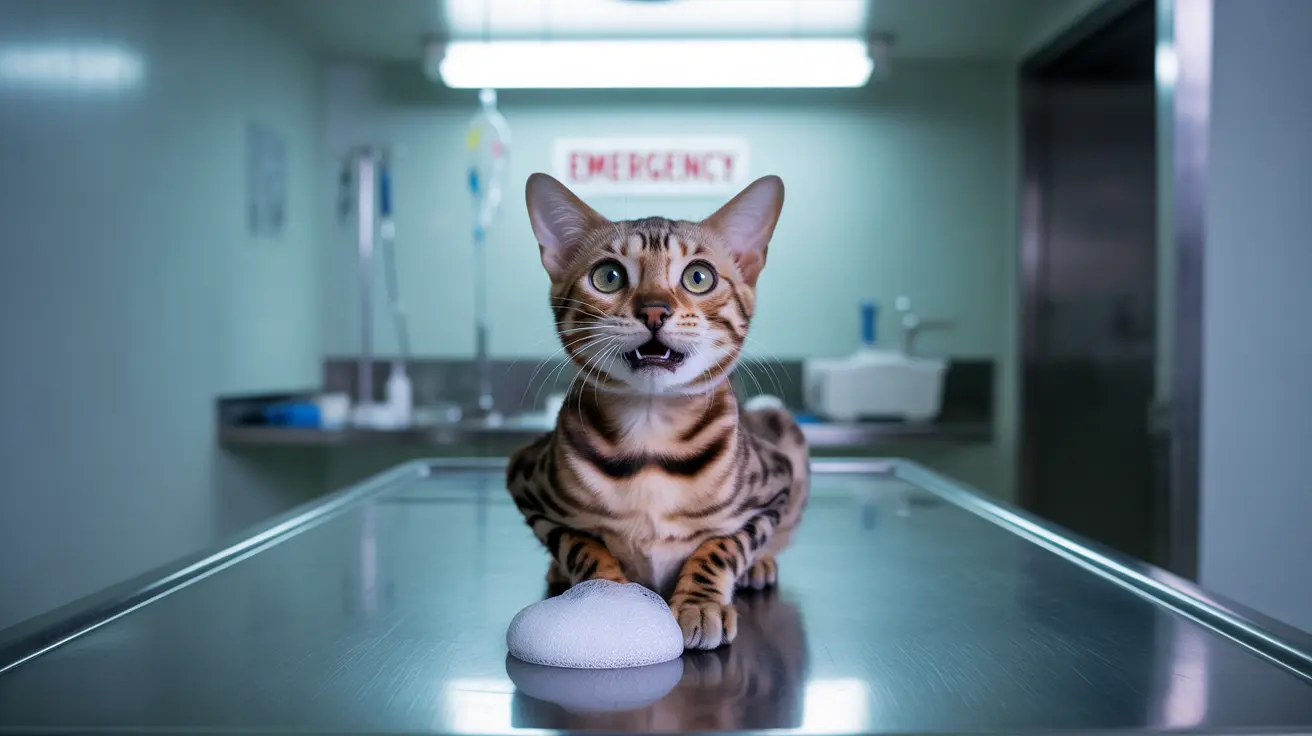 A Bengal cat sitting on an examination table in a veterinary emergency room, looking alert and slightly anxious.