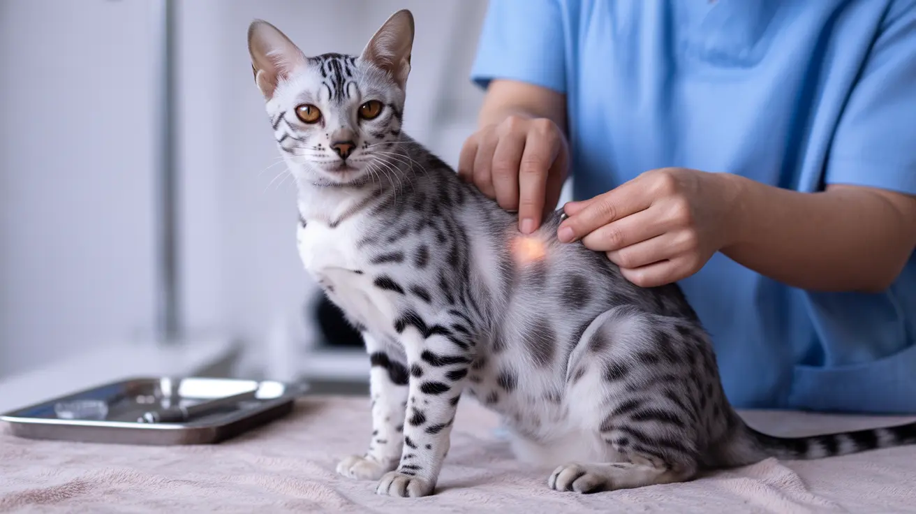 シルバーと黒の斑点があるベンガル猫が臨床環境で獣医師に診察されている様子