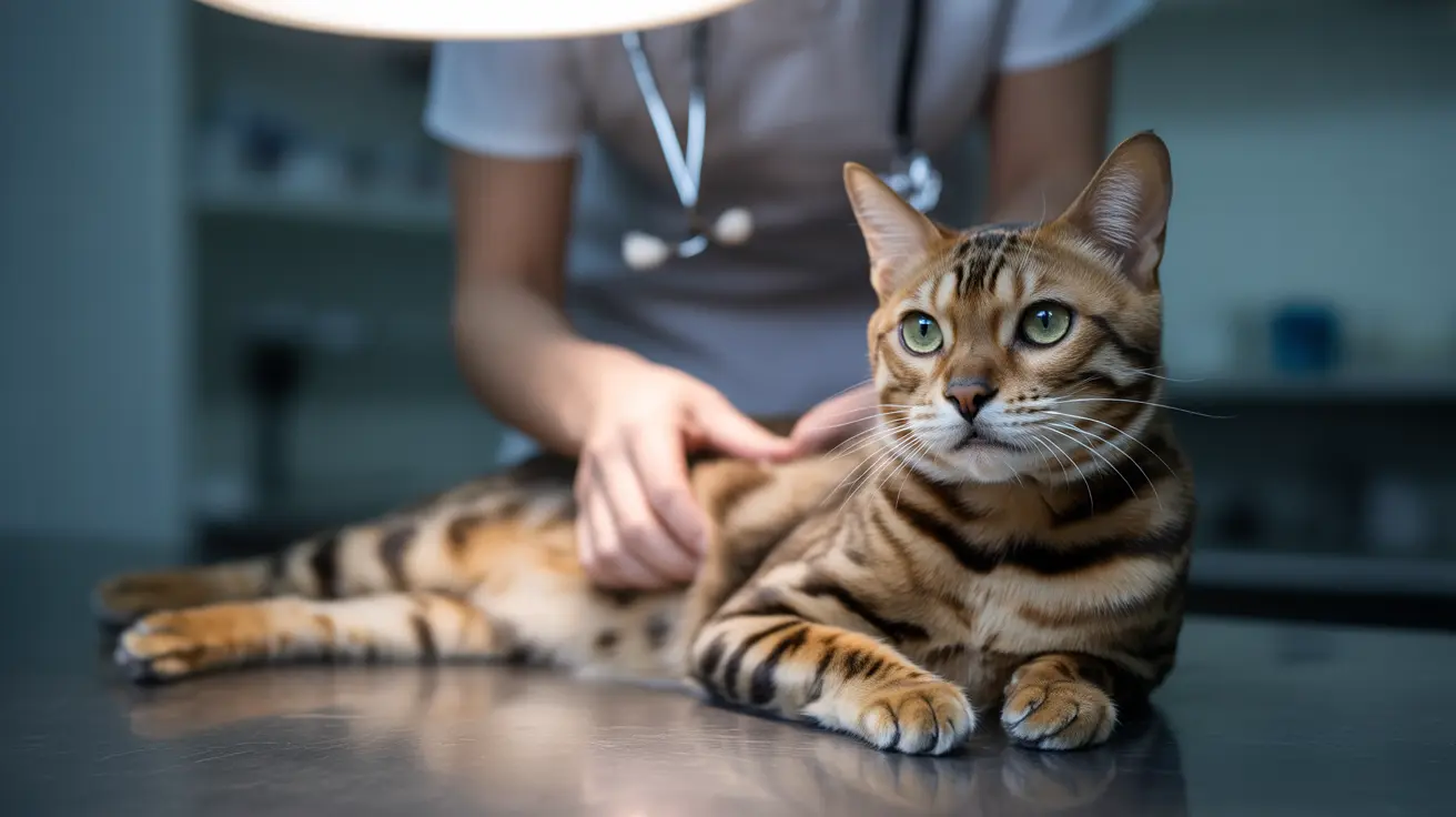 A Bengal cat receiving veterinary examination on a medical table