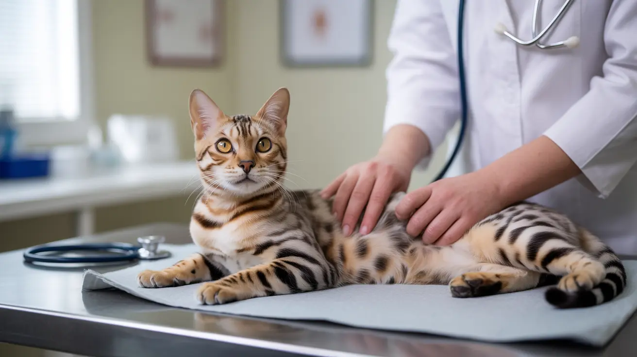A Bengal cat receiving a veterinary examination on a medical table