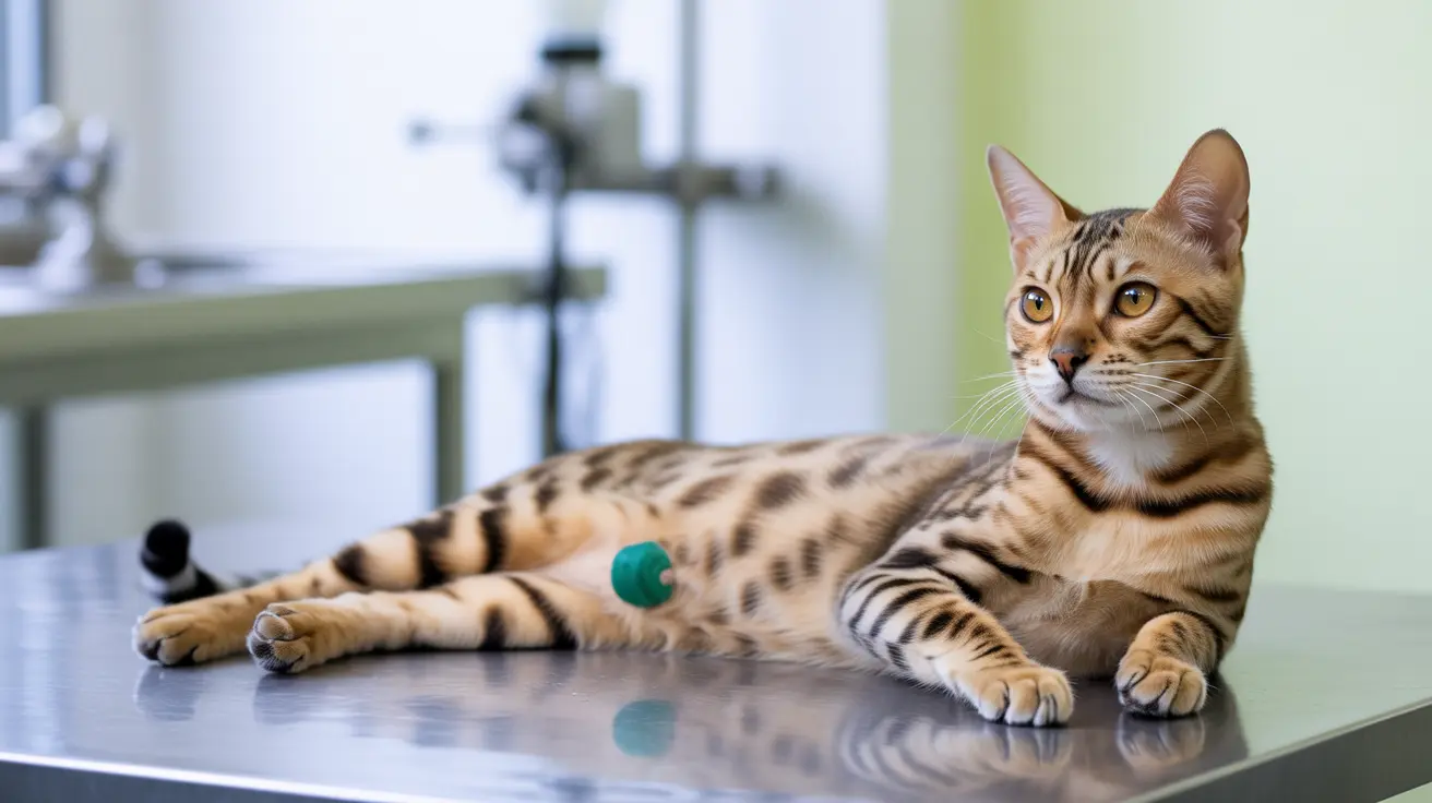 A Bengal cat lying relaxed on a veterinary examination table with a green ball nearby