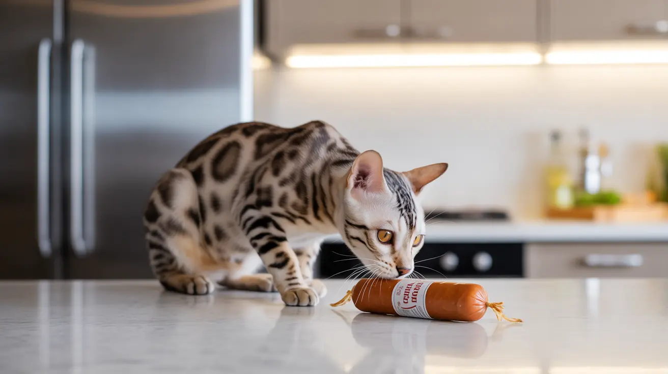 ベンガル猫がキッチンのカウンタートップの上に置かれているソーセージを調べている様子