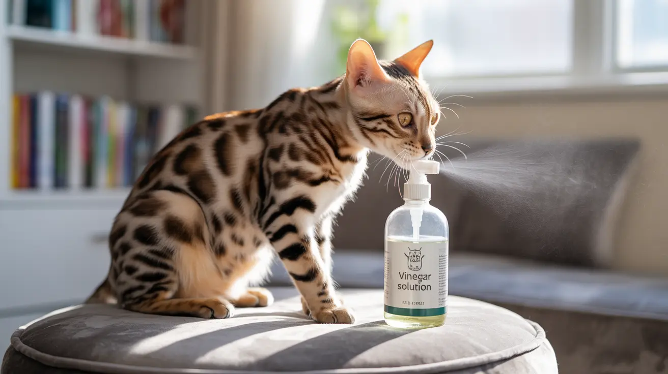 A Bengal cat sitting near a bottle of vinegar solution on a striped cushion in a bright, book-lined room