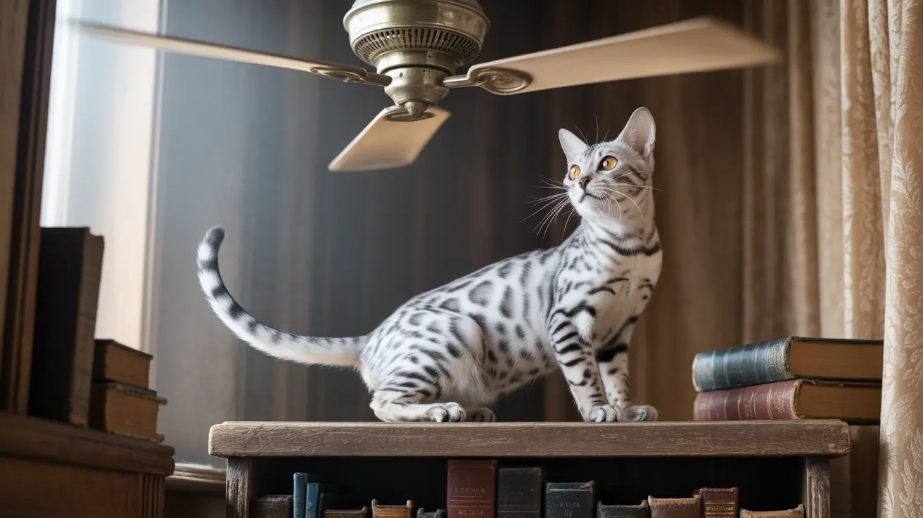 A silver and white spotted Bengal cat standing alert on a vintage wooden bookshelf beneath a ceiling fan
