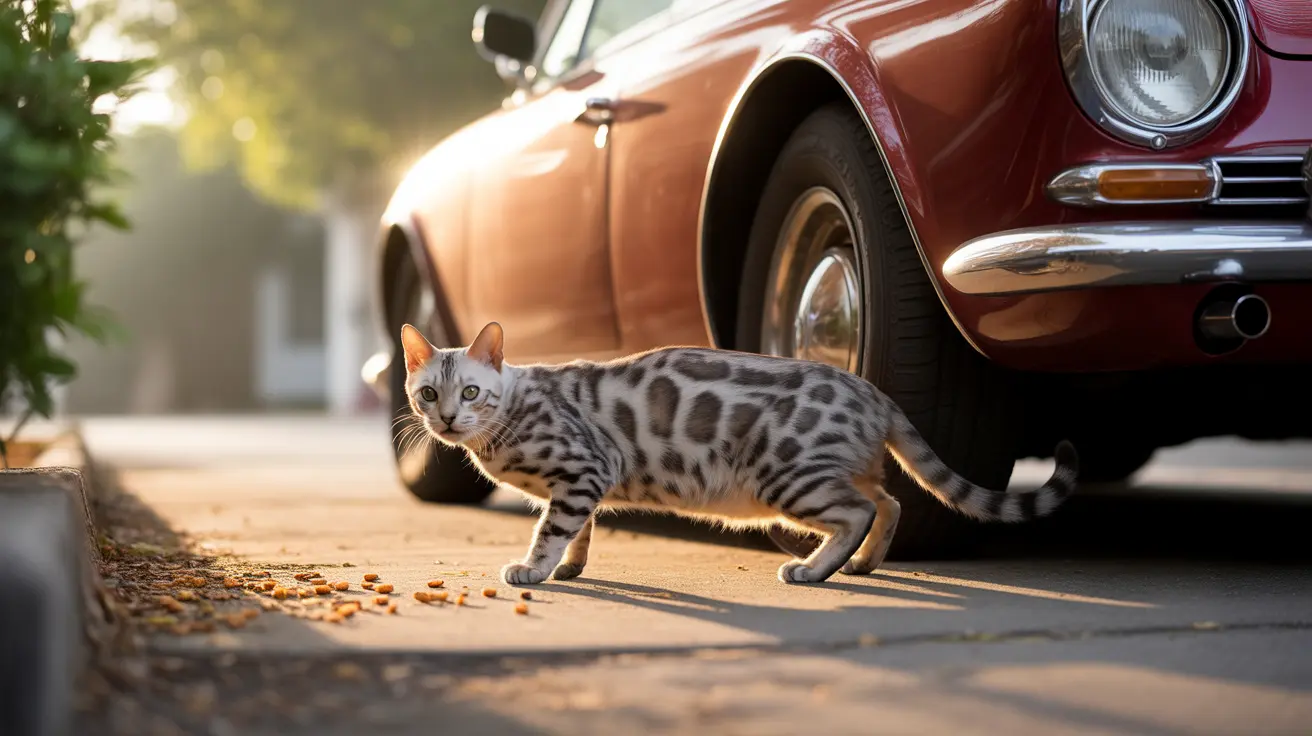 A silver and black spotted Bengal cat walking near a classic red vintage car on a sunlit street