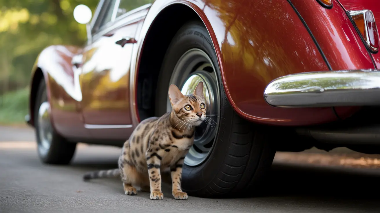 ベンガル猫が屋外でヴィンテージの赤い車のタイヤの横に立っている様子