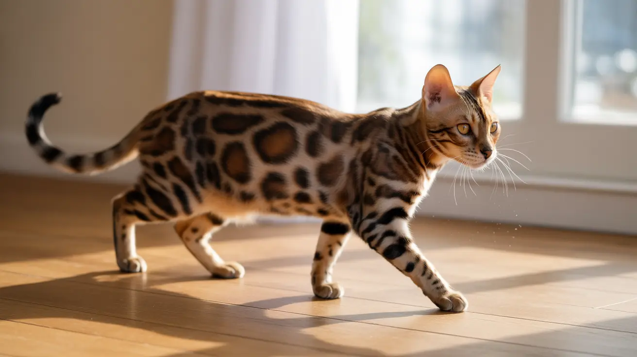 A Bengal cat walking gracefully across a wooden floor near a bright window, showcasing its distinctive leopard-like spotted coat
