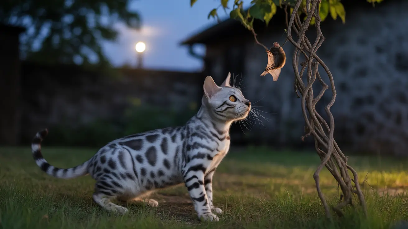 A silver and white Bengal cat observing a flying bat at dusk in a garden setting