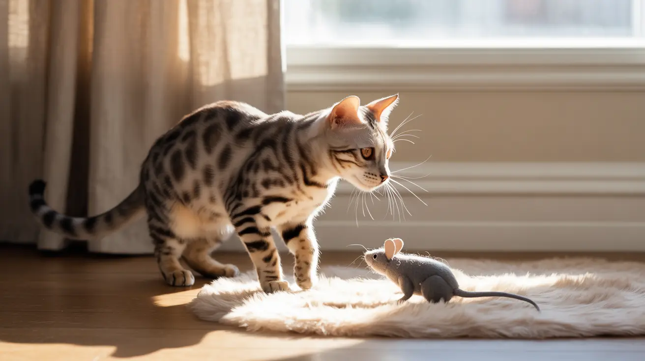 Un chat Bengal observant attentivement une petite souris grise sur un tapis en fourrure blanche près d'une fenêtre ensoleillée