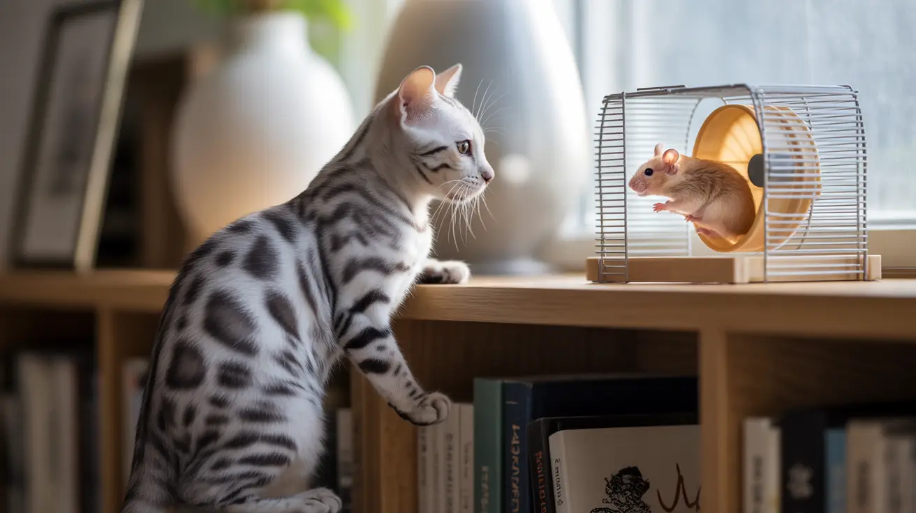 Un gato bengalí observa con atención a un pequeño hámster dentro de una jaula de alambre situada sobre un estante de madera cerca de una ventana.