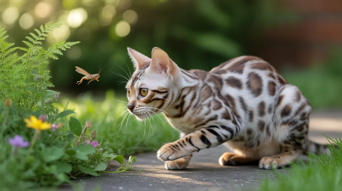A Bengal cat watching an insect near plants and flowers