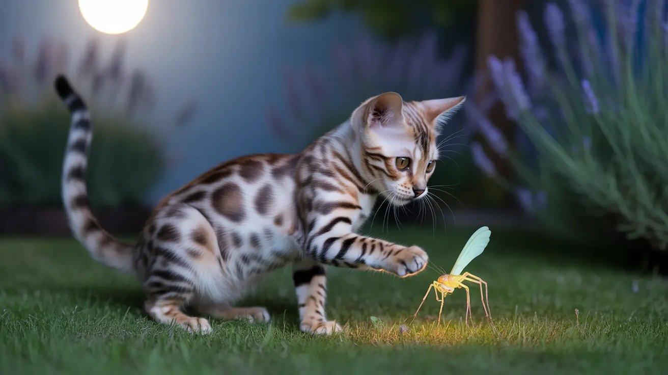 ベンガル猫が夜の芝生の上で光る黄色い虫を好奇心いっぱいに見つめている様子