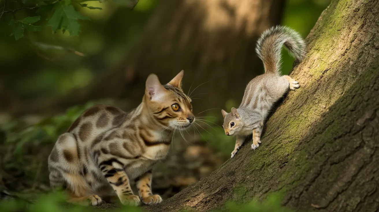 A Bengal cat watching a squirrel on a moss-covered tree trunk