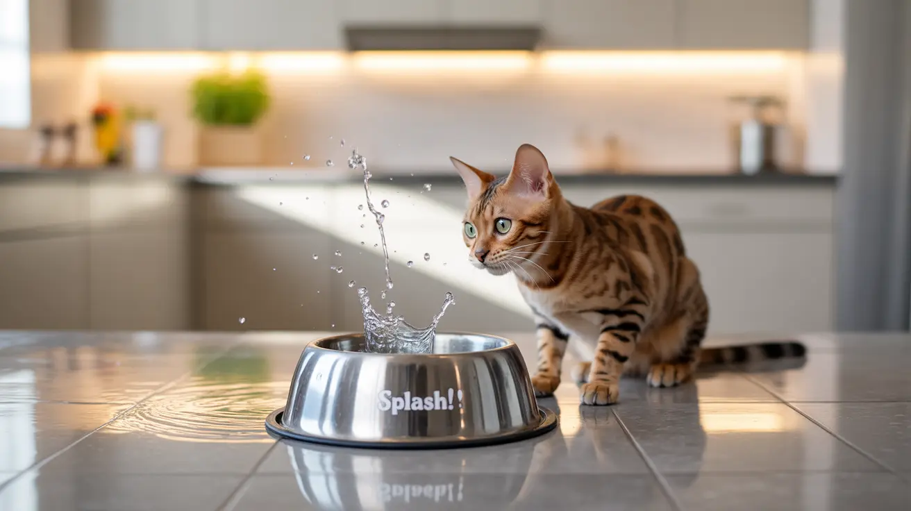 A Bengal cat sitting next to a water bowl with water splash captured mid-droplet