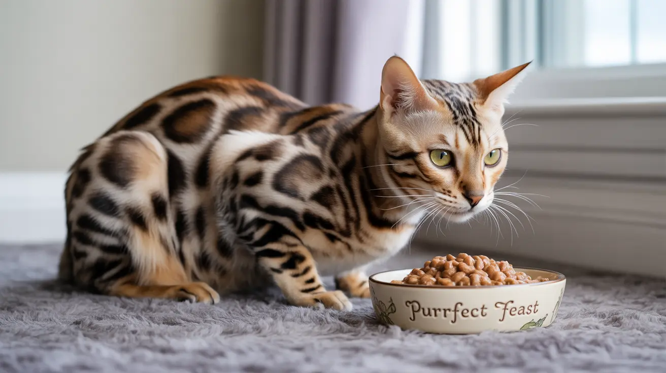A Bengal cat sitting next to a bowl of cat food on a soft gray carpet near a window