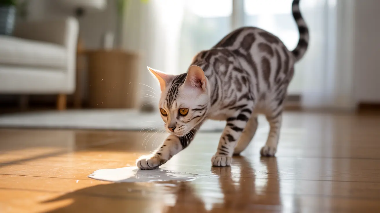 A silver and black spotted Bengal cat investigating a wet spot on a hardwood floor.