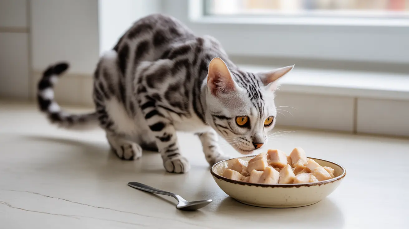 窓際でウェットキャットフードの入ったボウルを調べているシルバーとブラックのスポット柄ベンガル猫