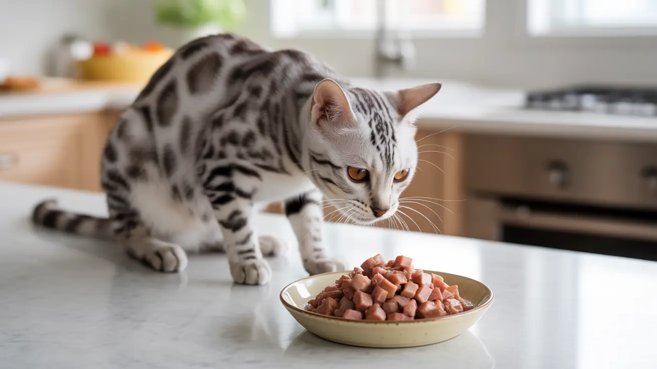A silver and black spotted Bengal cat sitting next to a bowl of wet cat food on a kitchen counter