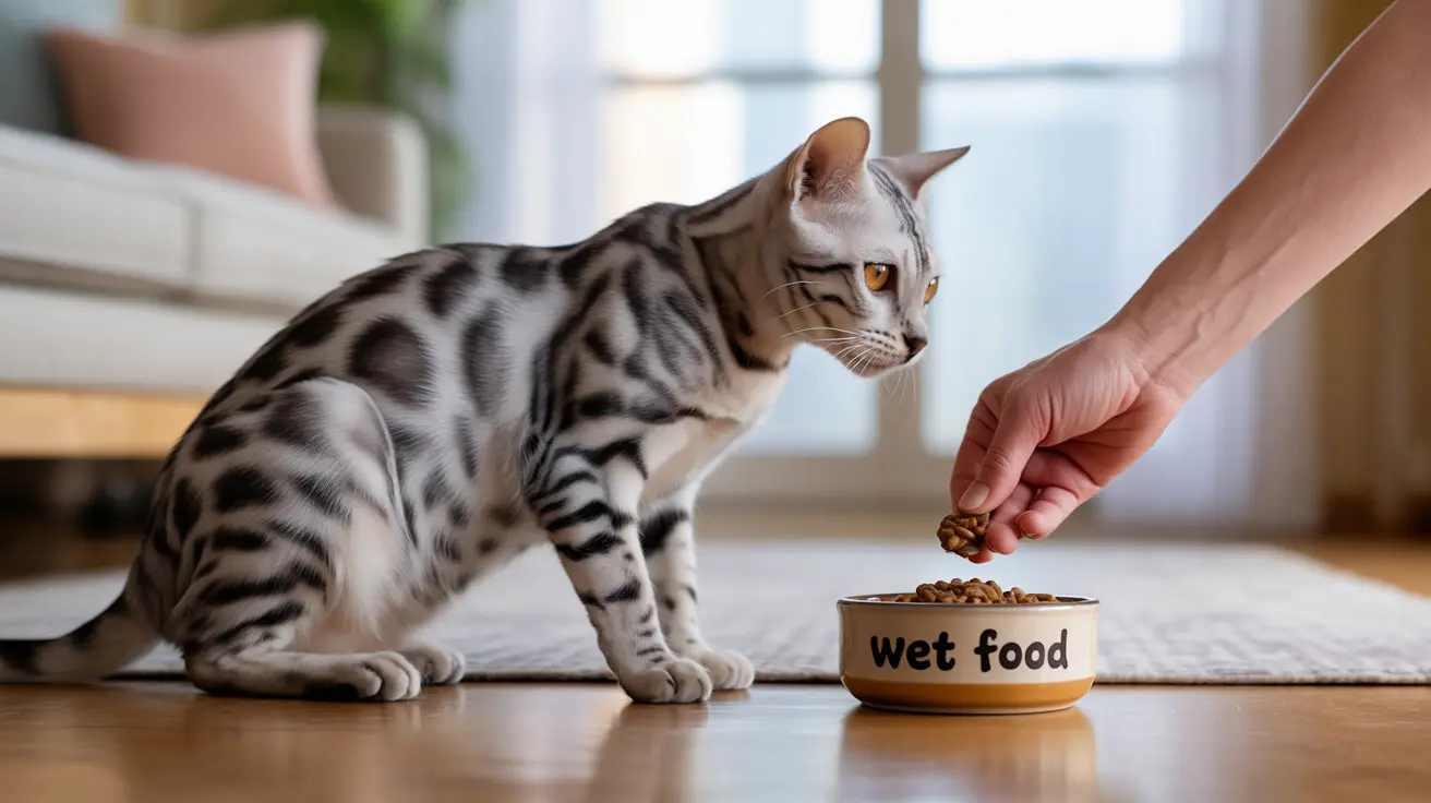 A silver and black spotted Bengal cat near a wet food bowl with a hand adding food