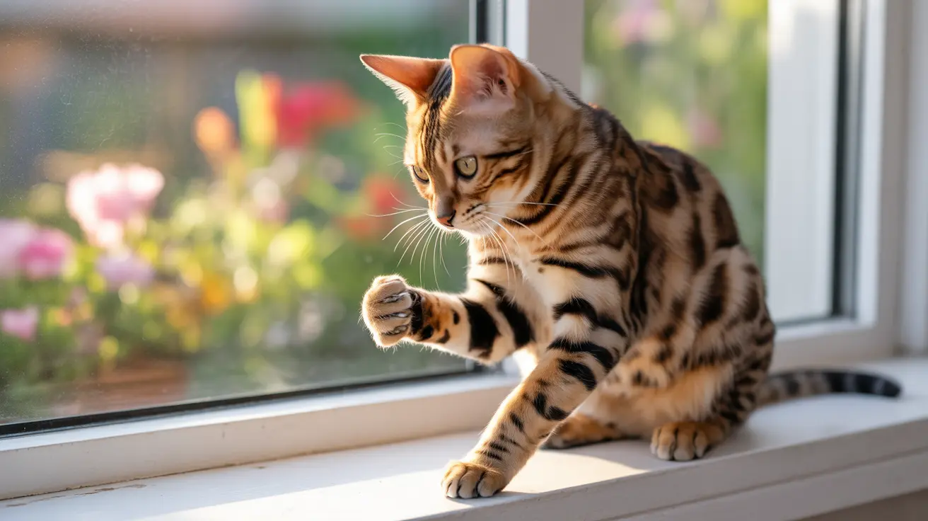 ベンガル猫が窓辺に座り、前足を伸ばして遊んでいる様子。背景には鮮やかな花々が見える。
