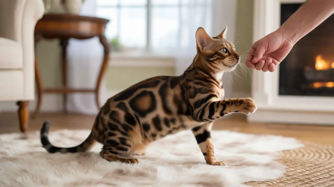 A Bengal cat sitting on a white fur rug, reaching out to a human hand with its paw extended