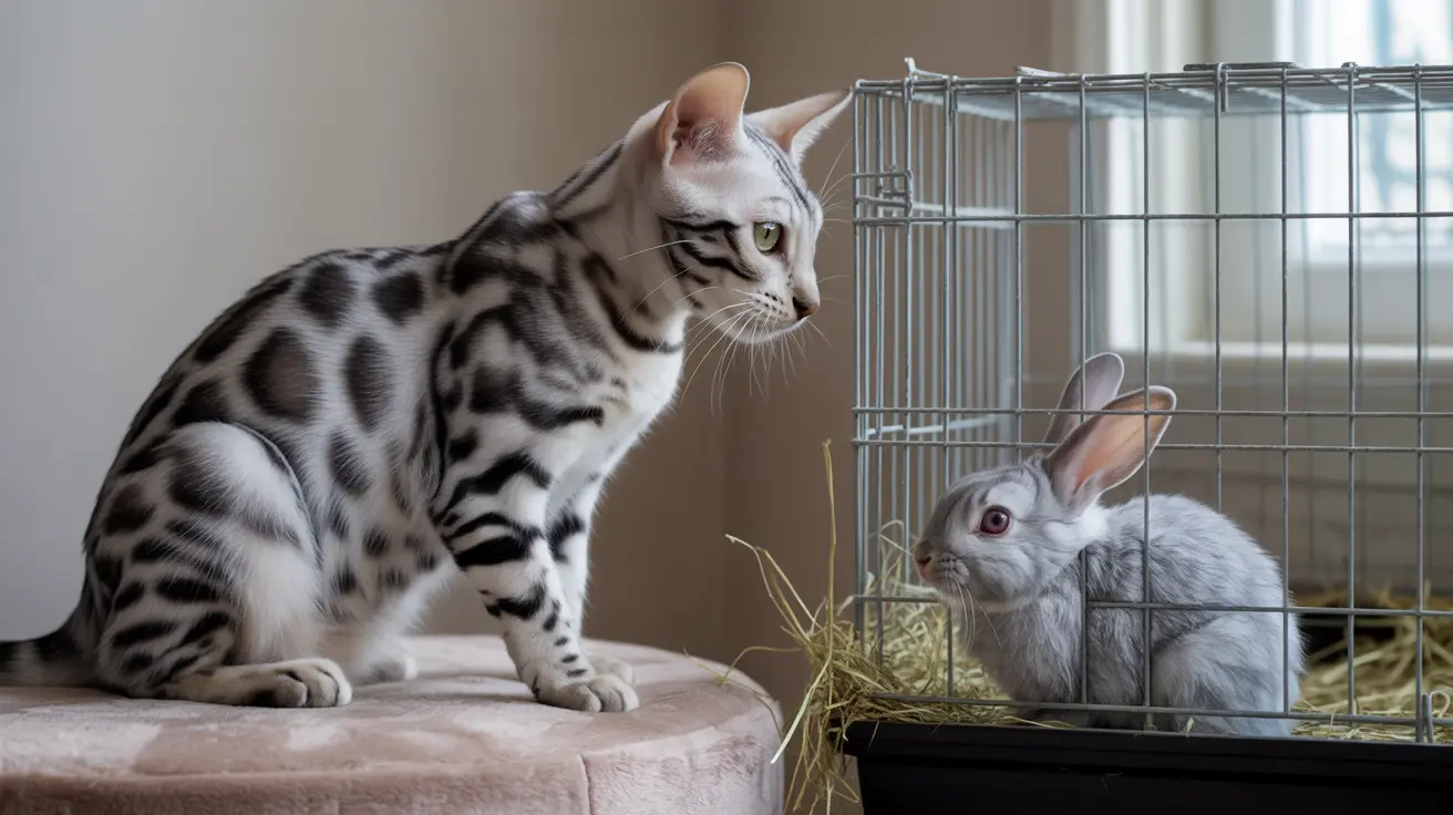 A Bengal cat sitting near a wire cage containing a white rabbit