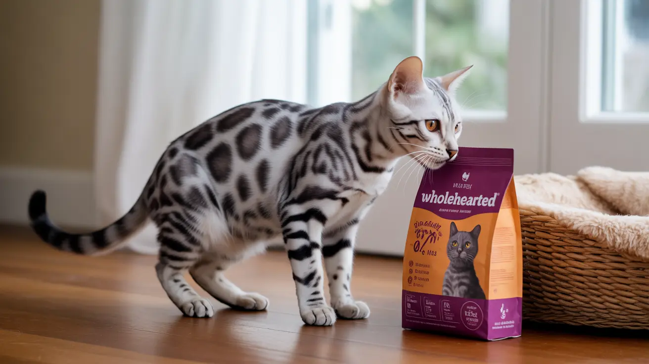 A silver and black spotted Bengal cat standing next to a bag of Wholehearted cat food