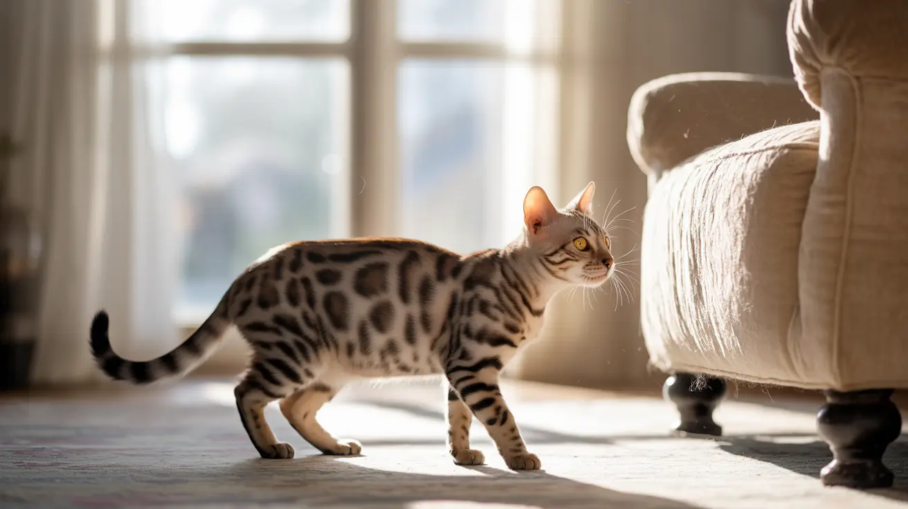 Bengal cat with leopard-like spots walking near a window