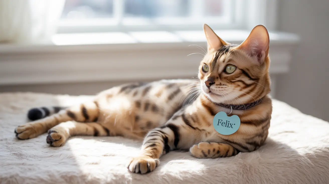 A beautiful Bengal cat with distinctive tiger-like stripes lounging on a soft white surface near a window