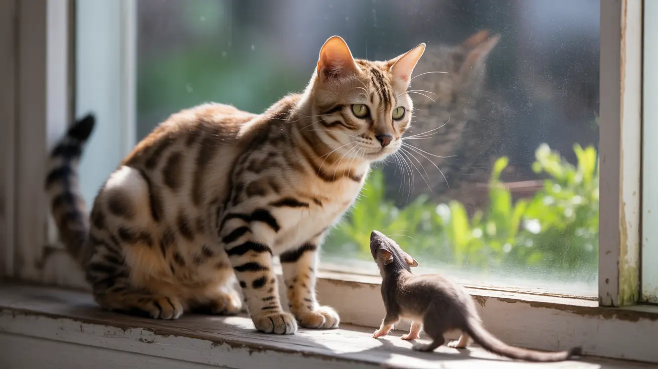 A Bengal cat sitting on a windowsill, looking attentively at a small mouse nearby