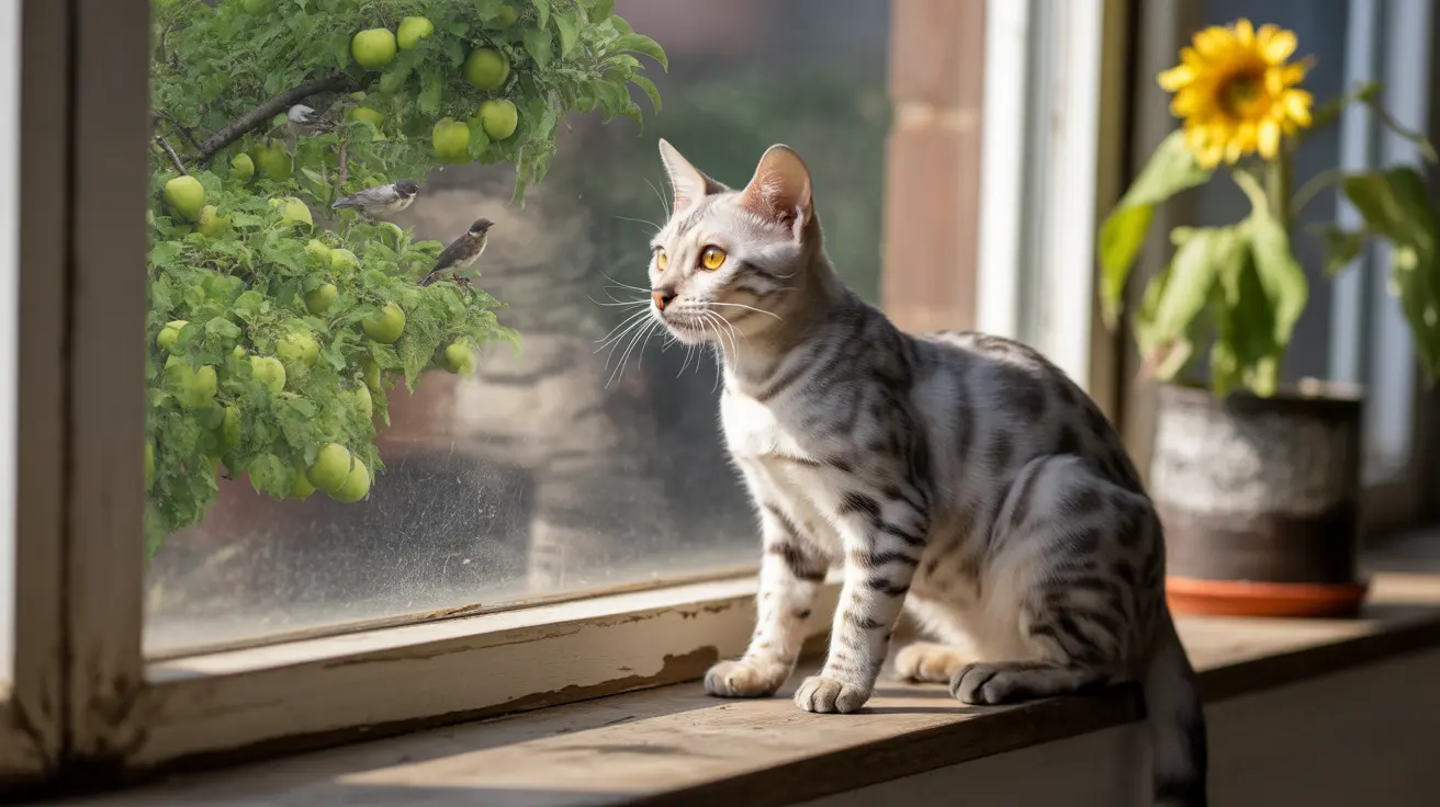 A silver and gray Bengal cat sitting alertly on a windowsill, with a sunflower and apple tree in view.