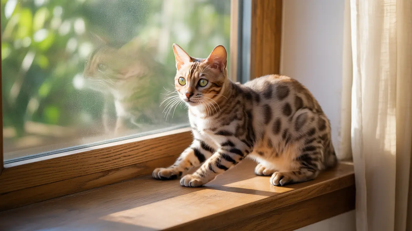 A Bengal cat sitting alert on a wooden windowsill with sunlight and a green view