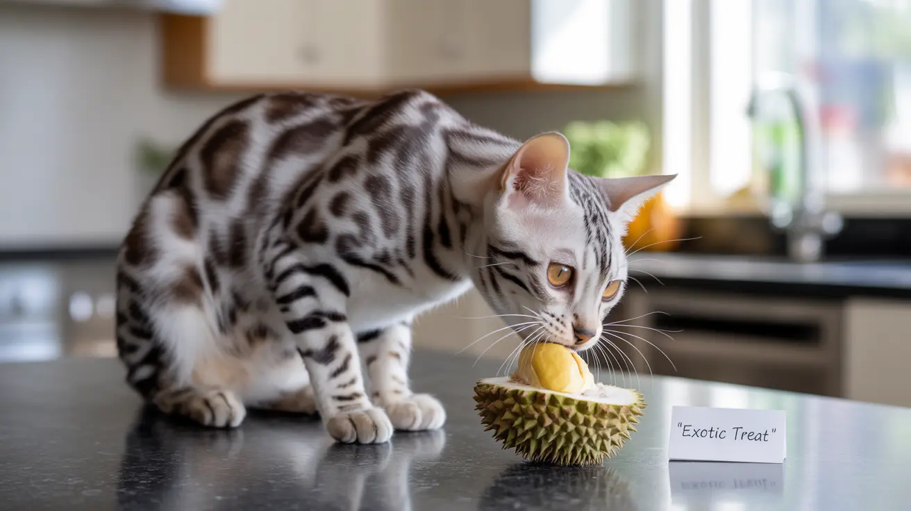 ベンガル猫が台所のカウンターでとげとげしいドリアンの果実を探検し、嗅いでいる様子