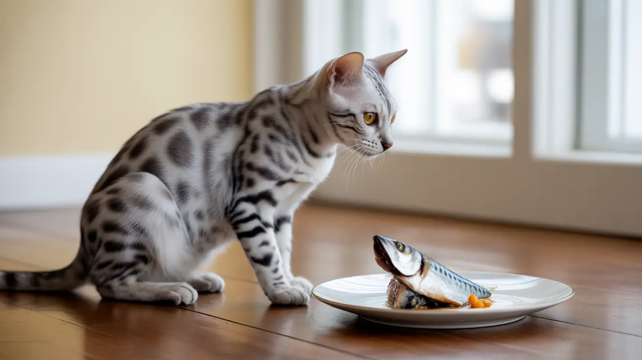A silver and black spotted Bengal cat sitting next to a plate with a whole fish