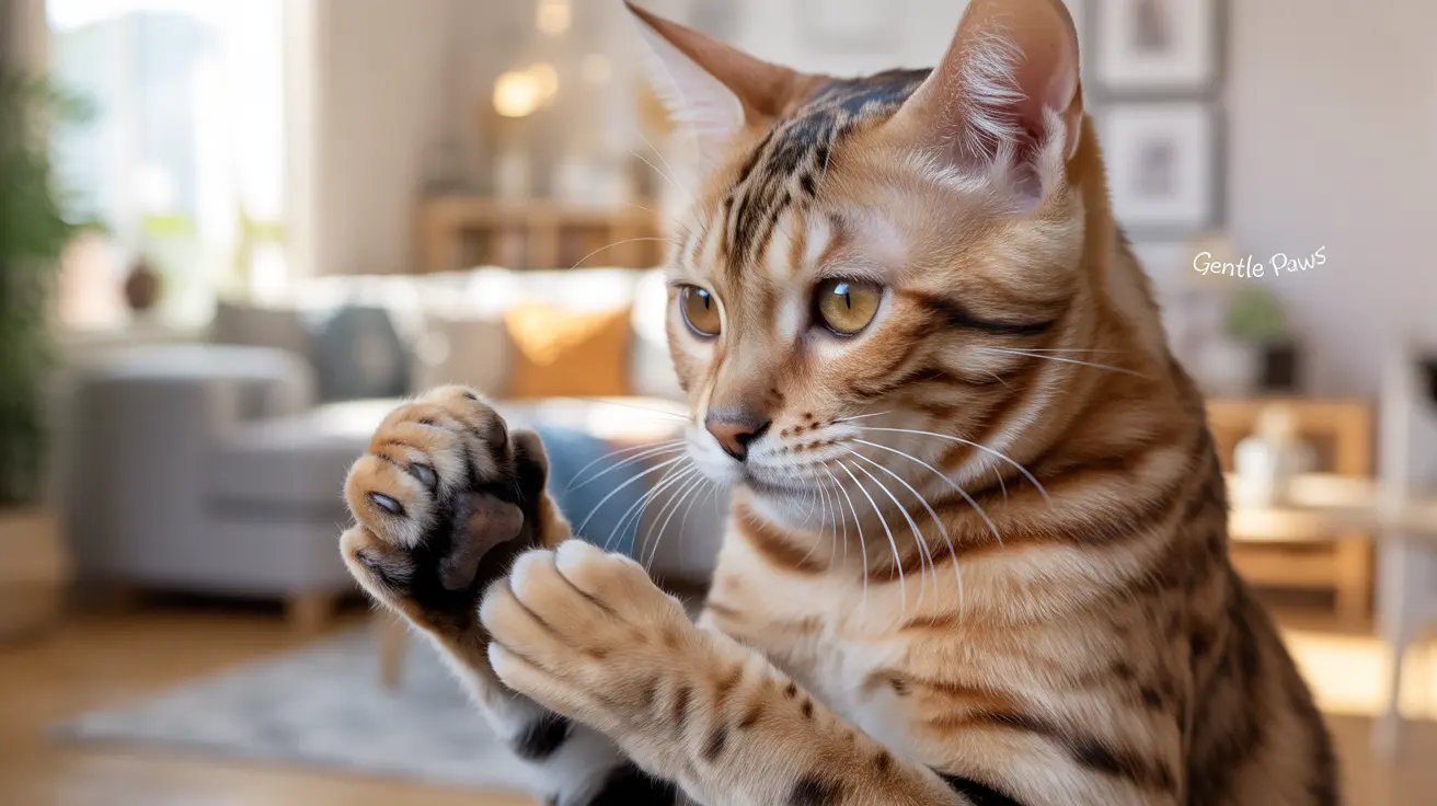 A Bengal cat sitting attentively with raised paws in a bright, modern living room
