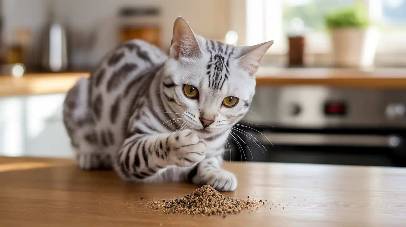 A silver and white Bengal cat sitting near scattered seeds on a wooden surface
