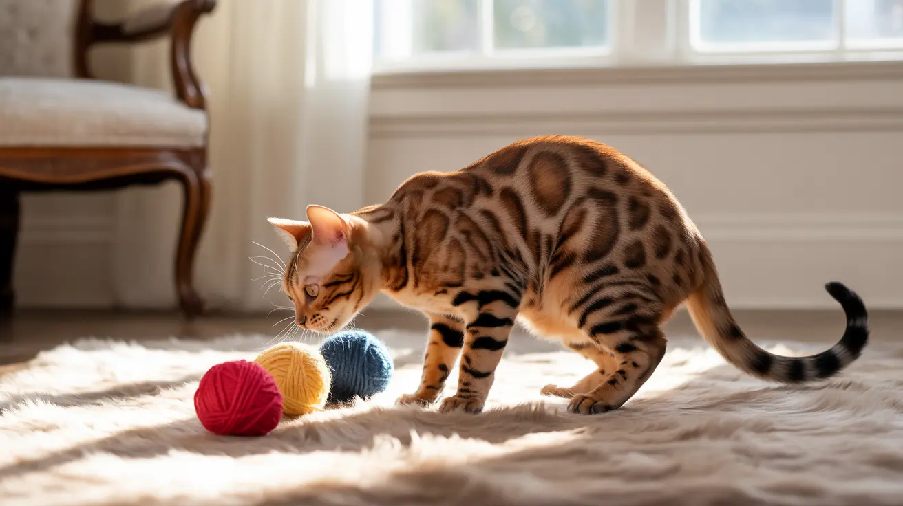 A Bengal cat playing with colorful yarn balls on a soft white rug near a sunny window