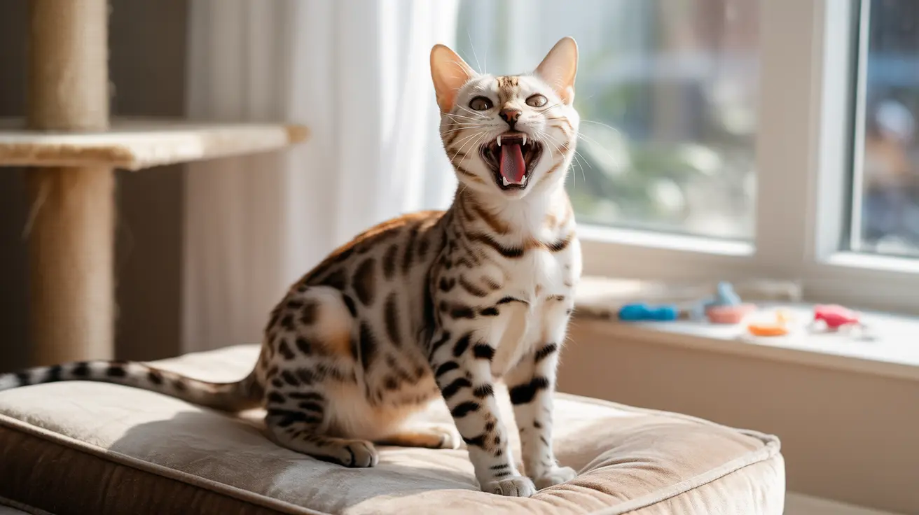 Un gato Bengalí con pelaje manchado distintivo está sentado sobre un cojín, con la boca bien abierta como si bostezara o siseara.