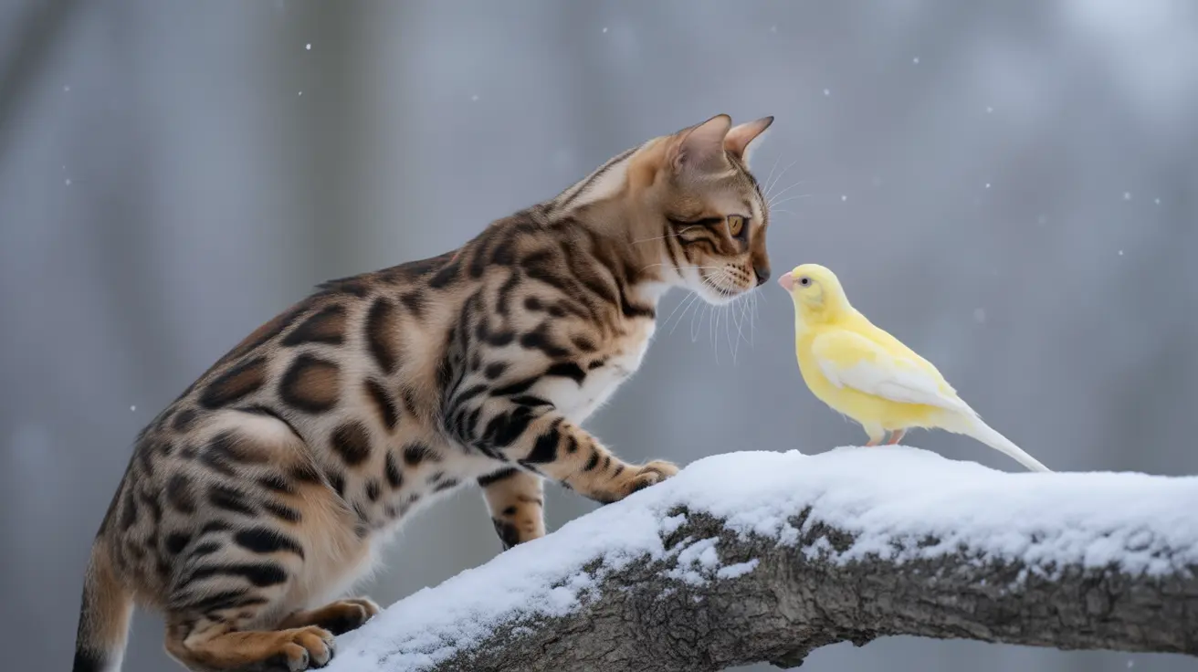 Un chat Bengal interagissant de près avec un canari jaune perché sur une branche enneigée