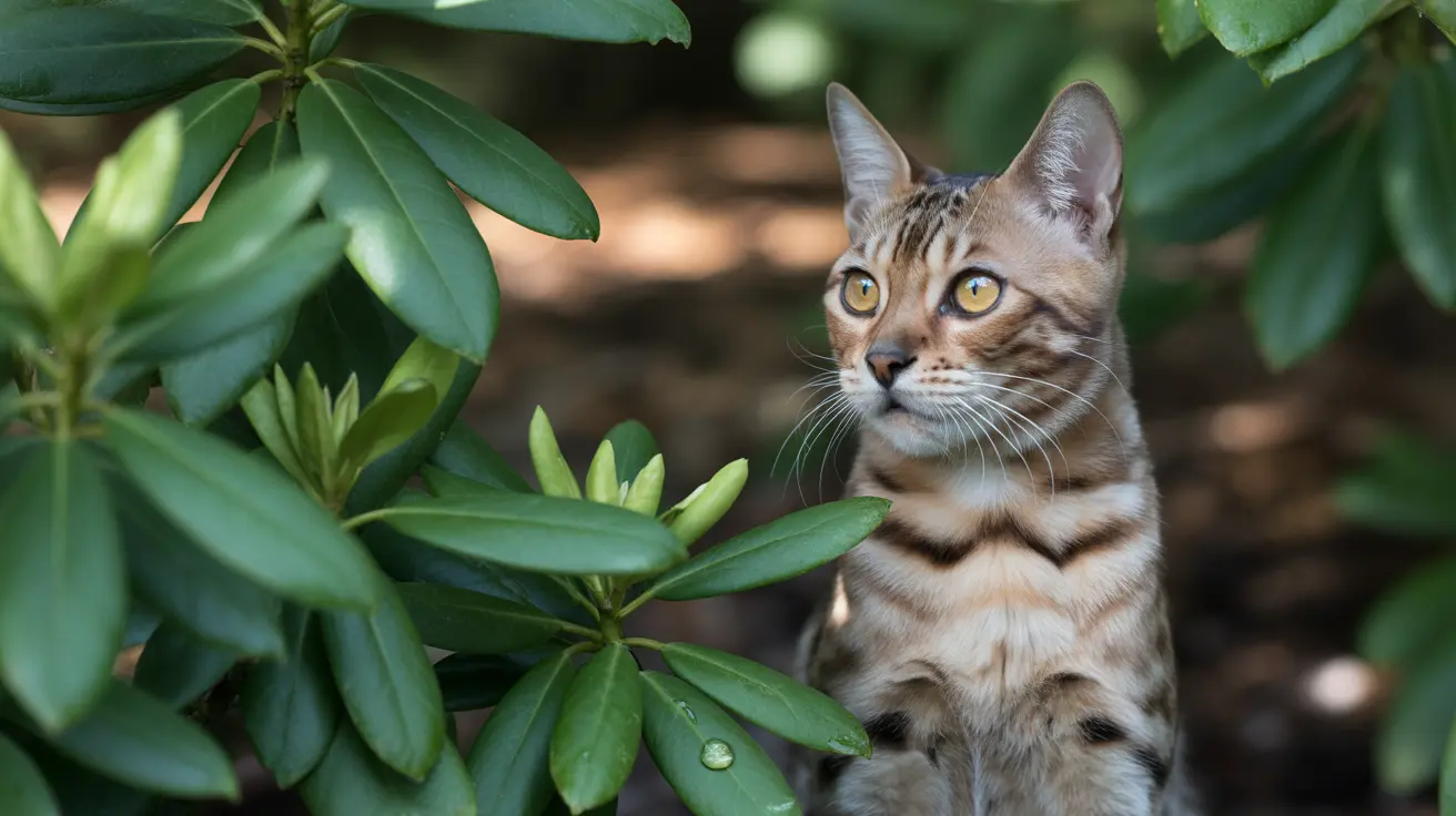 A Bengal cat sitting alertly among green leafy plants, with striking yellow eyes and a beautifully patterned coat