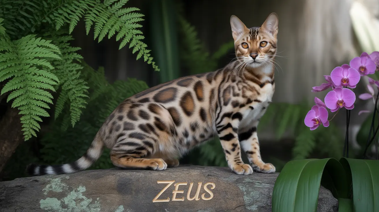 A stunning Bengal cat sitting on a stone engraved with 'Zeus', surrounded by lush green ferns and vibrant purple orchids