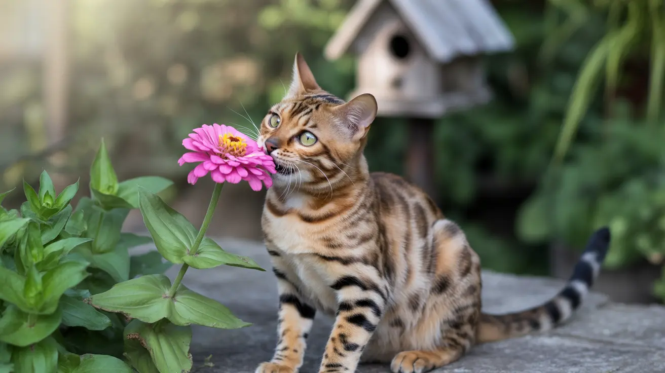 A Bengal cat sitting near a pink zinnia flower in a garden