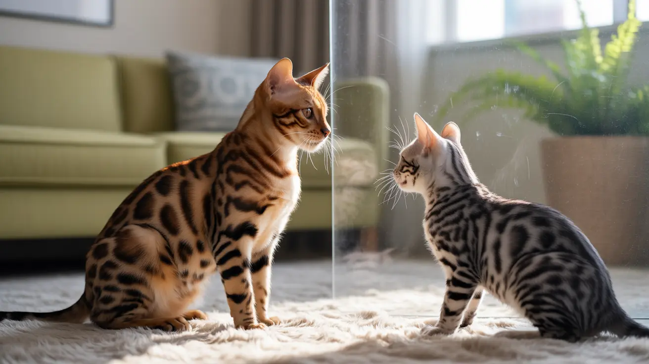Two Bengal cats sitting on a soft rug, facing each other with a glass partition between them