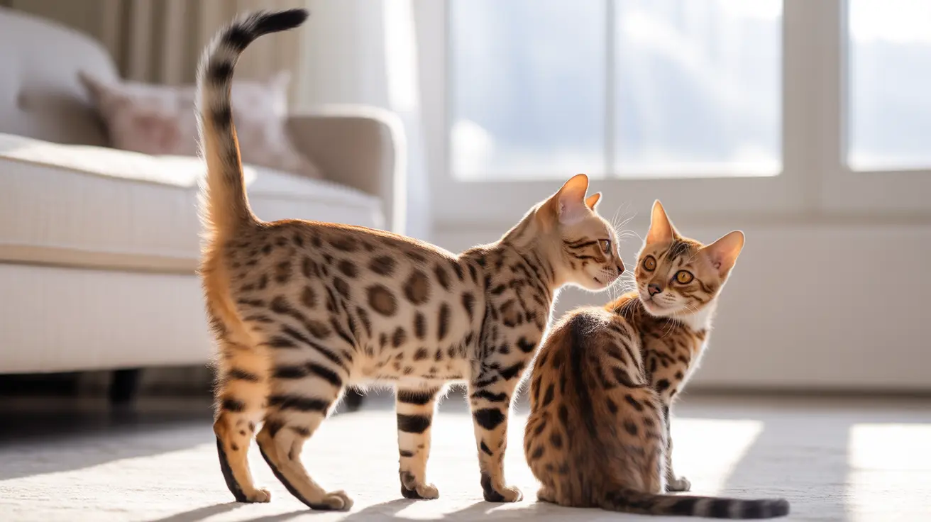 Two Bengal cats standing together near a window in a bright, minimalist interior space