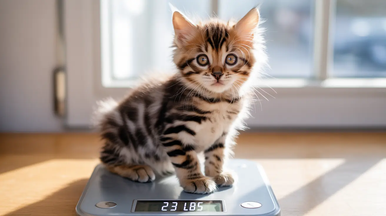 A young Bengal kitten sitting on a digital scale, looking directly at the camera with wide eyes.