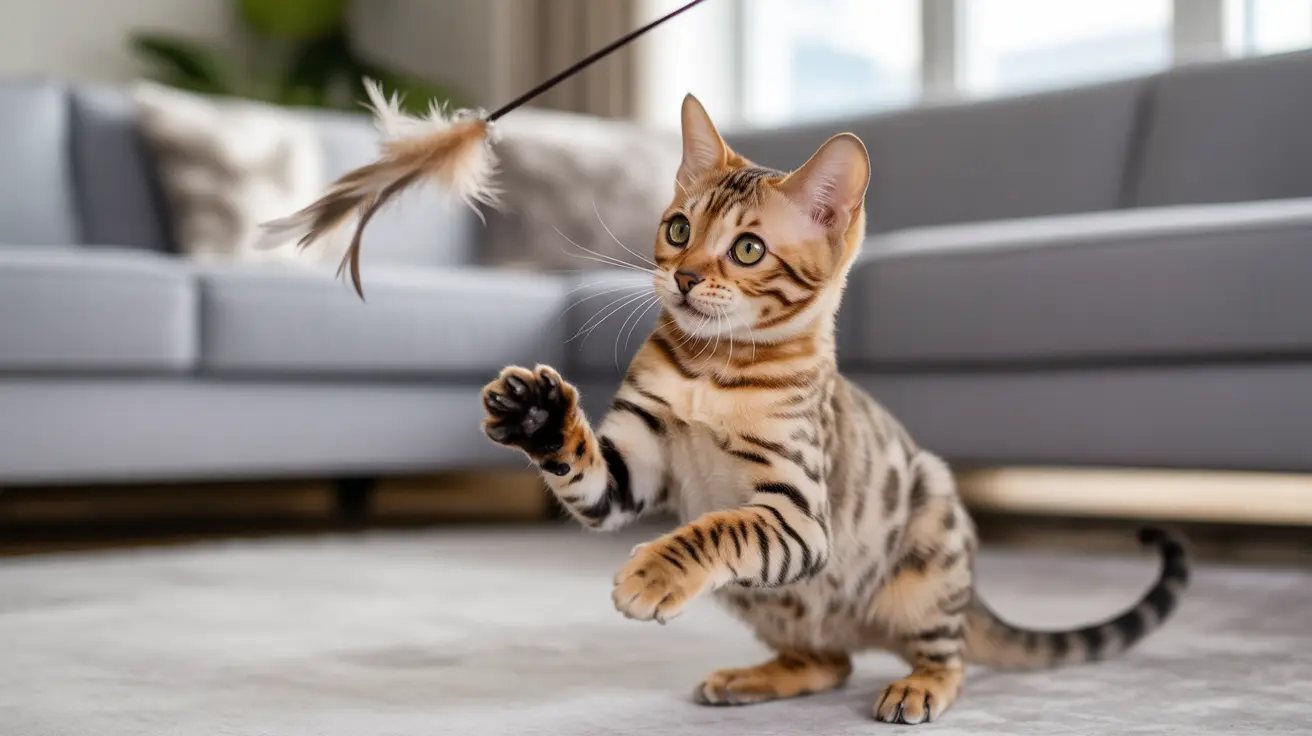 A playful Bengal kitten reaching up to catch a feather toy in a modern living room