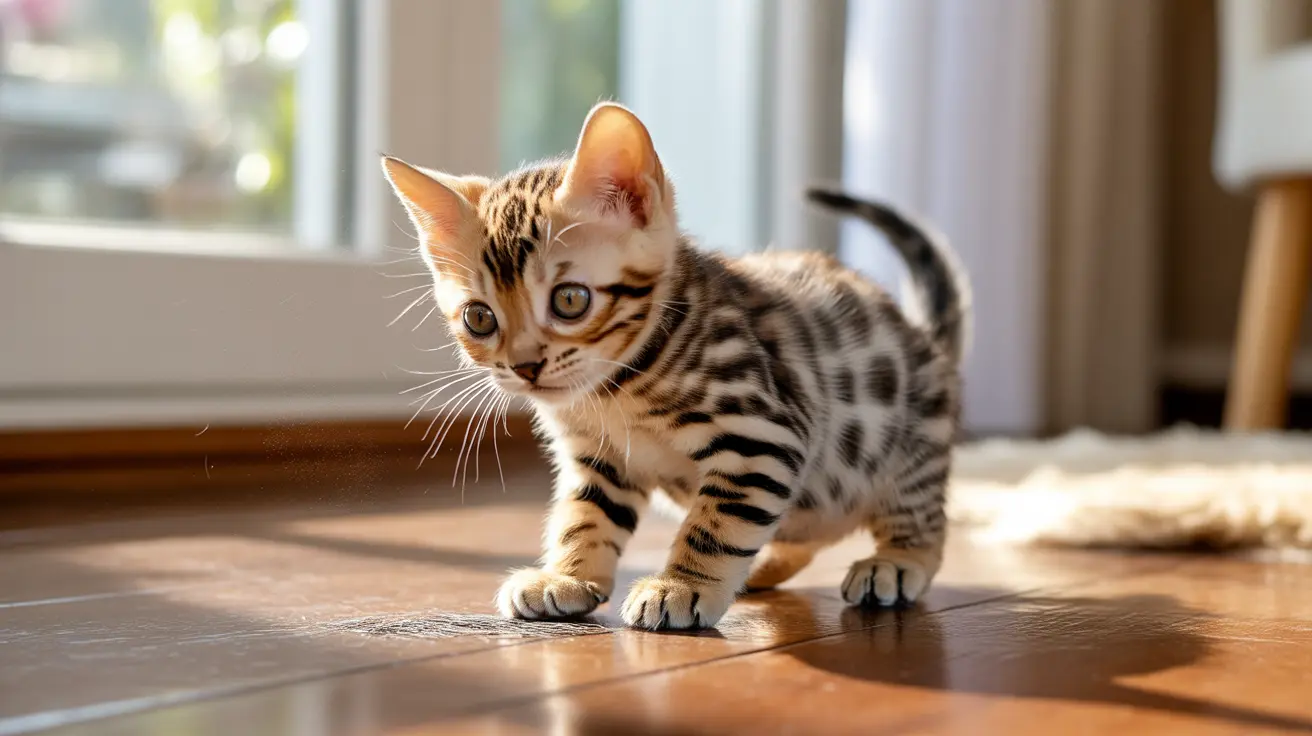 A young Bengal kitten standing on a wooden floor near a window with a striped coat