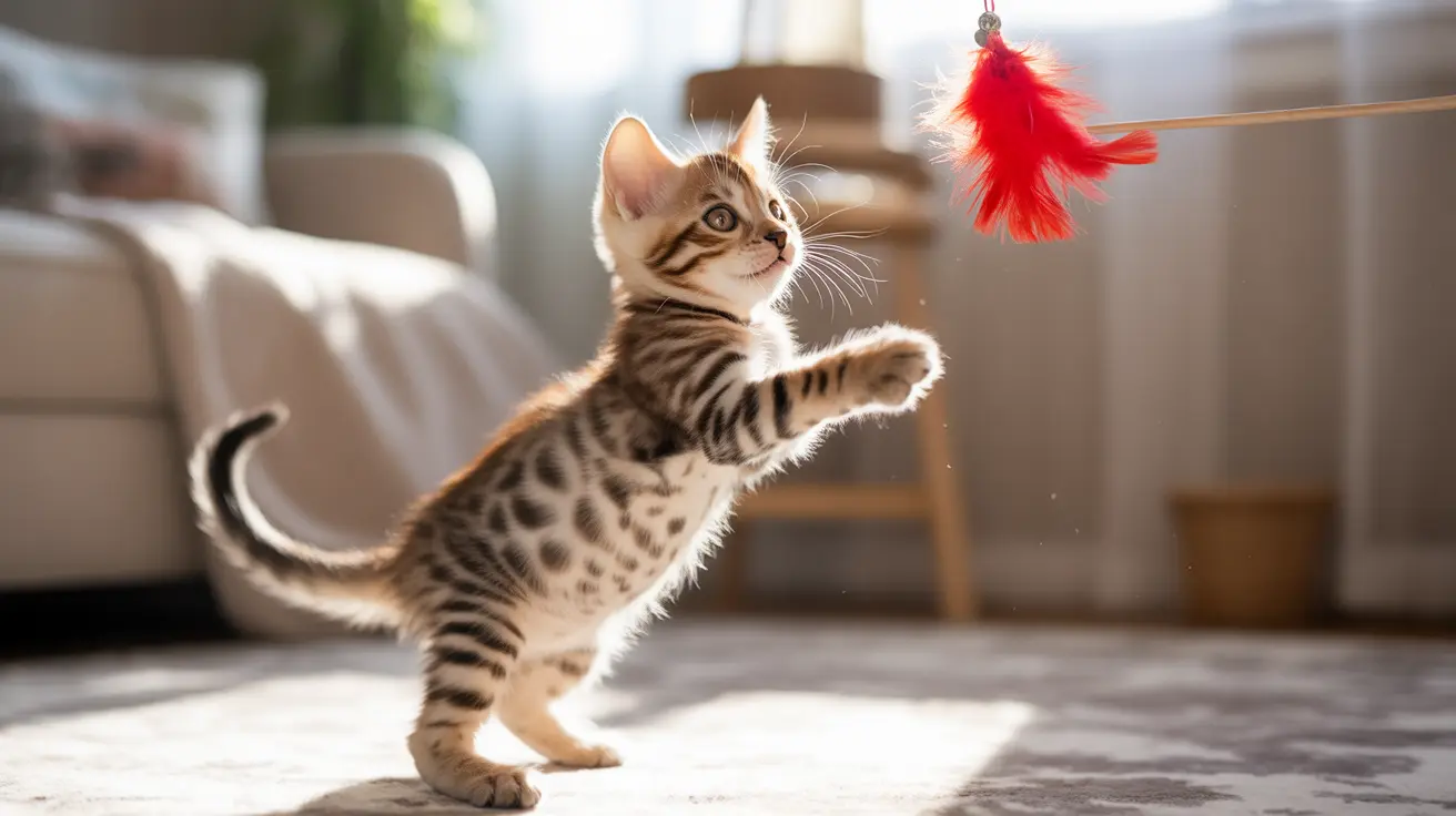 Un gatito bengalí juguetón saltando y alcanzando un brillante juguete de plumas rojas en una sala de estar iluminada por el sol.