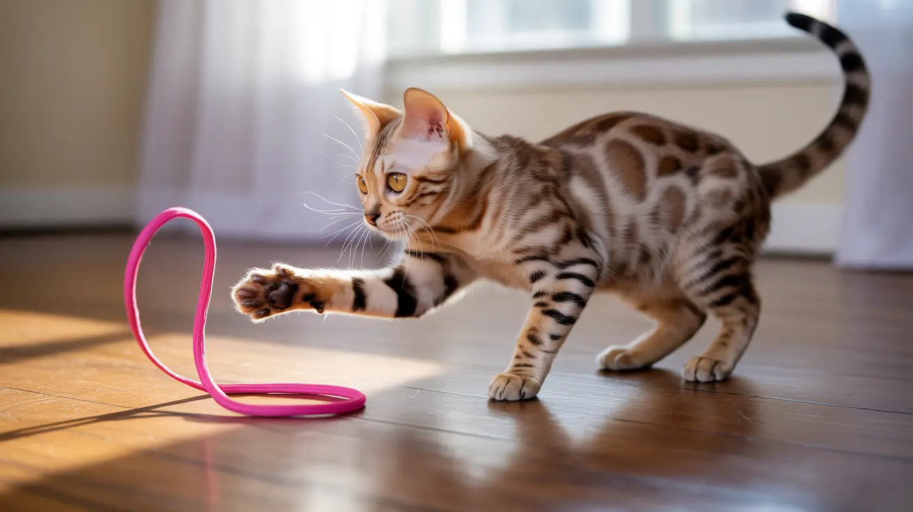 明るいピンク色のカーブしたおもちゃで遊ぶベンガルの子猫が木の床の上にいる様子
